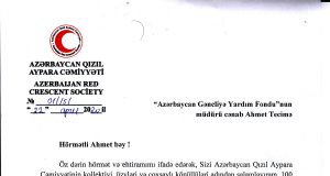 Azərbaycan Qızıl Aypara Cəmiyyəti Gəncliyə Yardım Fonduna Təşəkkür Məktubu Ünvanlayıb