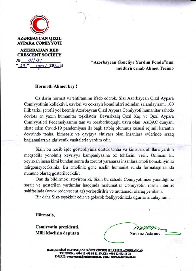 Azərbaycan Qızıl Aypara Cəmiyyəti Gəncliyə Yardım Fonduna Təşəkkür Məktubu Ünvanlayıb